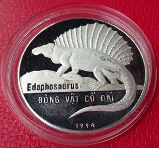 1994 Vietnam,  100 Dong,  Dinosaur,  Edaphosaurus,  Silver,  Km 45,  Rare photo
