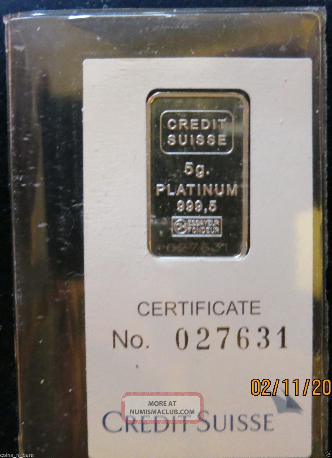 5 Gram Bar Platinum Credit Suisse In Assay 999. 5 Fine 5 Gram Platinum Bar