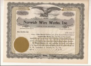 Old 1920 - Norwich Wire,  Inc.  - Stock Certificate - Norwich,  N.  Y. photo