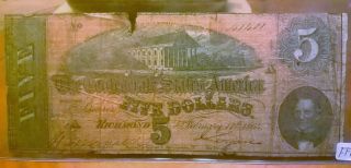 1864 $5 Confederate Currency - Authentic Civil War Note - Richmond Virginia photo