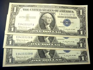 (3) 1957 - B Consecutive $1 Silver Certificate Unc One Dollar Bills Blue Seal photo