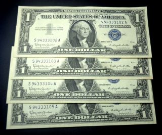 (4) 1957 - B Consecutive $1 Silver Certificate Unc One Dollar Bills Blue Seal photo