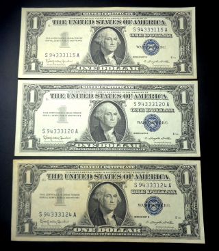 (3) 1957 - B $1 Silver Certificate Unc One Dollar Bills Blue Seal Close Serial ' S photo