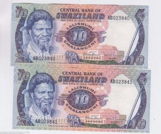 Swaziland Paper Money 10 Emalangen 2 Consecutive Choice Uncirculated photo