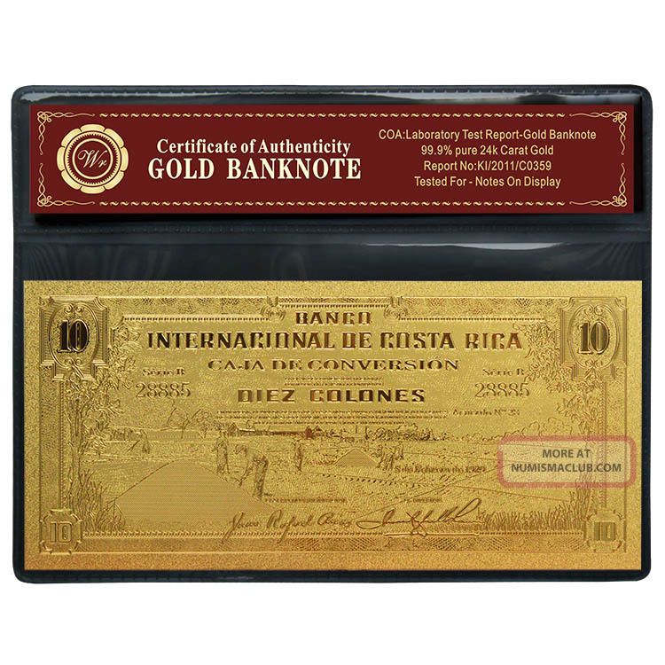 Costa Rica 10 Colones Banknote 999 24k Gold Plated Note Collectible In ...