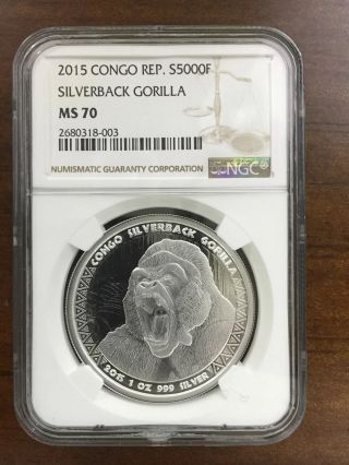 2015 Congo Silverback Gorilla Ngc Ms 70 1 Oz Silver Coin 5000 Francs photo