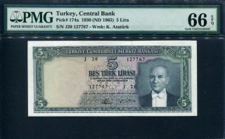 Turkey 1930 (1965),  5 Lira,  P174a,  Pmg 66 Epq Gem Unc photo