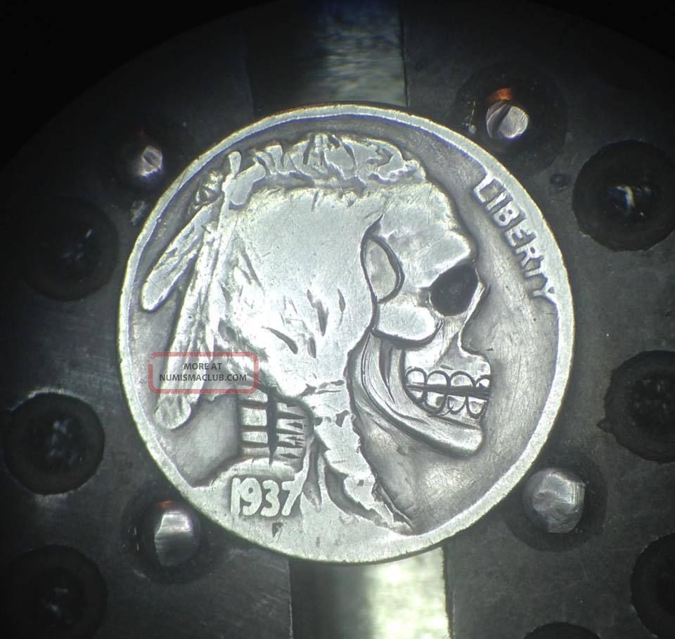Ooak Hobo Buffalo Nickel " Skull " Carved Coin By Barb Hunter