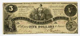 1861 T - 36 $5 The Confederate States Of America Note - Civil War Era photo