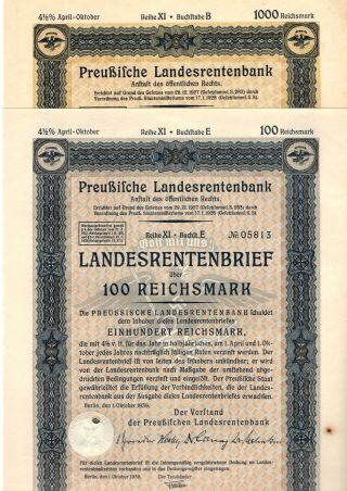 Germany,  Prussia,  1939,  4,  5 Rental Bond 2 Things 100,  1000 Reichsmark photo