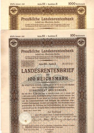 Germany,  Prussia,  1940,  4,  5 Rental Bond 2 Things 100,  1000 Reichsmark photo