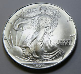 1994 1 Oz.  American Silver Eagle Bu (brilliant Uncirculated) 99.  9 Pure Silver photo