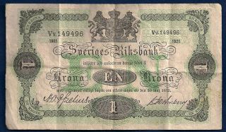 Sweden 1 Krona 1921 P - 32h Vintage Sveriges Riksbank Swedish Note photo