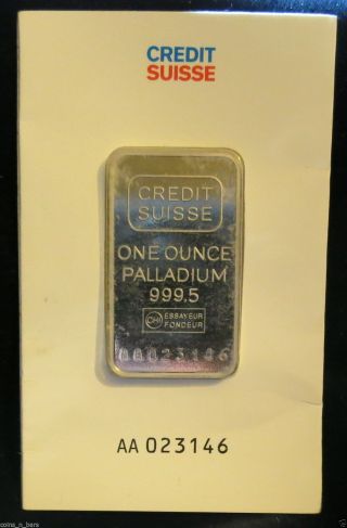 One Ounce Palladium Credit Suisse 999.  5 In Asssay/ With Card photo