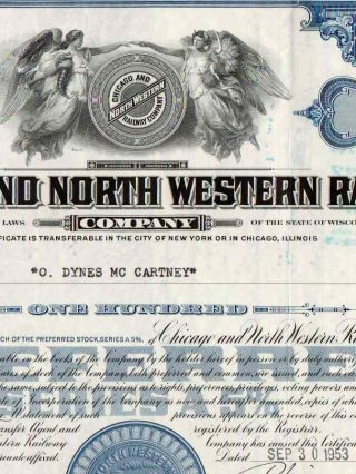 1953 Blue Chicago & North Western Railway Company Stock Certificate Railroad photo