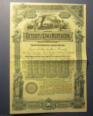 Old 1897 Detroit And Lima Northern - Railway Gold Bond Certificate - Michigan photo