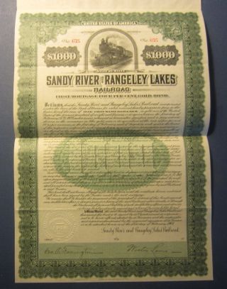 Old 1908 Sandy River And Rangeley Lakes Railroad - Gold Bond Certificate - Maine photo