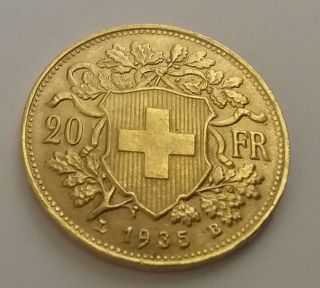 1935 B Switzerland 20 Francs Gold Coin Helvetia Gold Coin No L photo