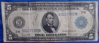 1914 $5 York Federal Reserve Note Five Dollars Bill photo