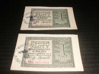 Polish Occupation 2 X 1 Zlotych 1941 Consecutive Numbers - Stamp photo