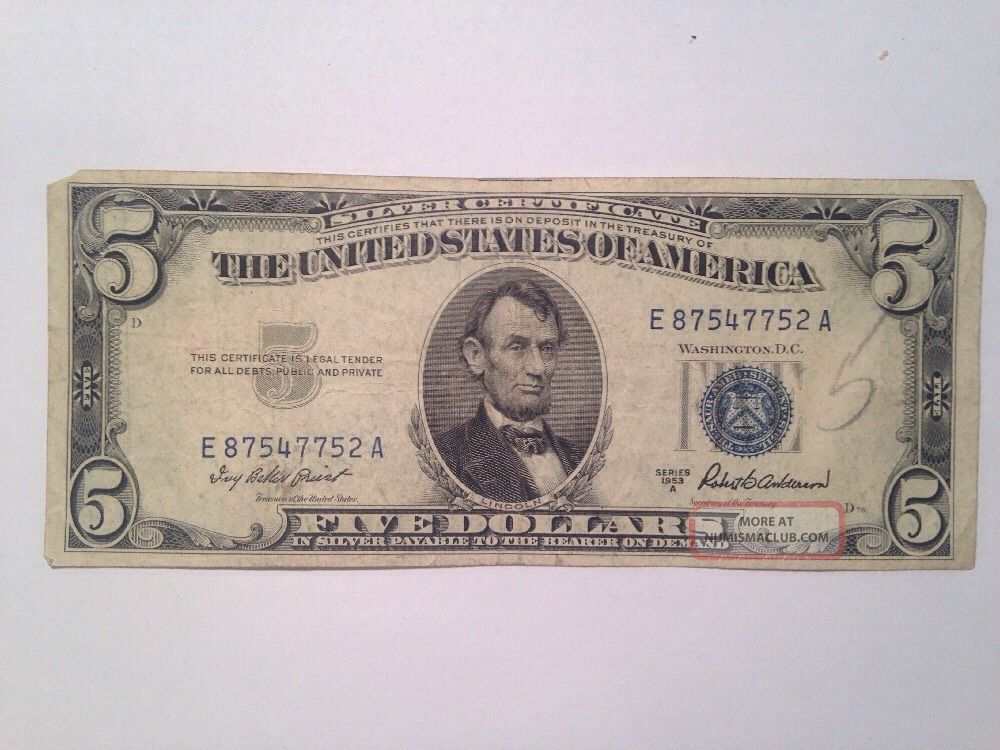 Old 1953 Five Dollar Bill $5 Blue Seal Silver Certificate Note ...