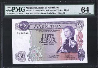 1967 Bank Of Mauritius 50 Rupees Queen Elizabeth Ii Banknote A/1 159230 Pmg 64 photo
