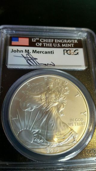 2013 Pcgs Ms70 Silver Eagle First Strike Autographed John M Mercanti (flag Label photo