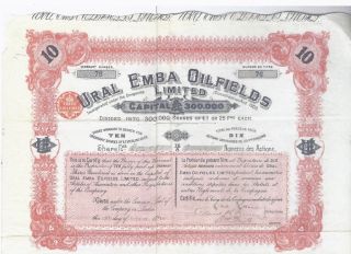 Russia Kazakhstan Ural Emba Oil Fields Stock Certificate - October 13,  1913 photo