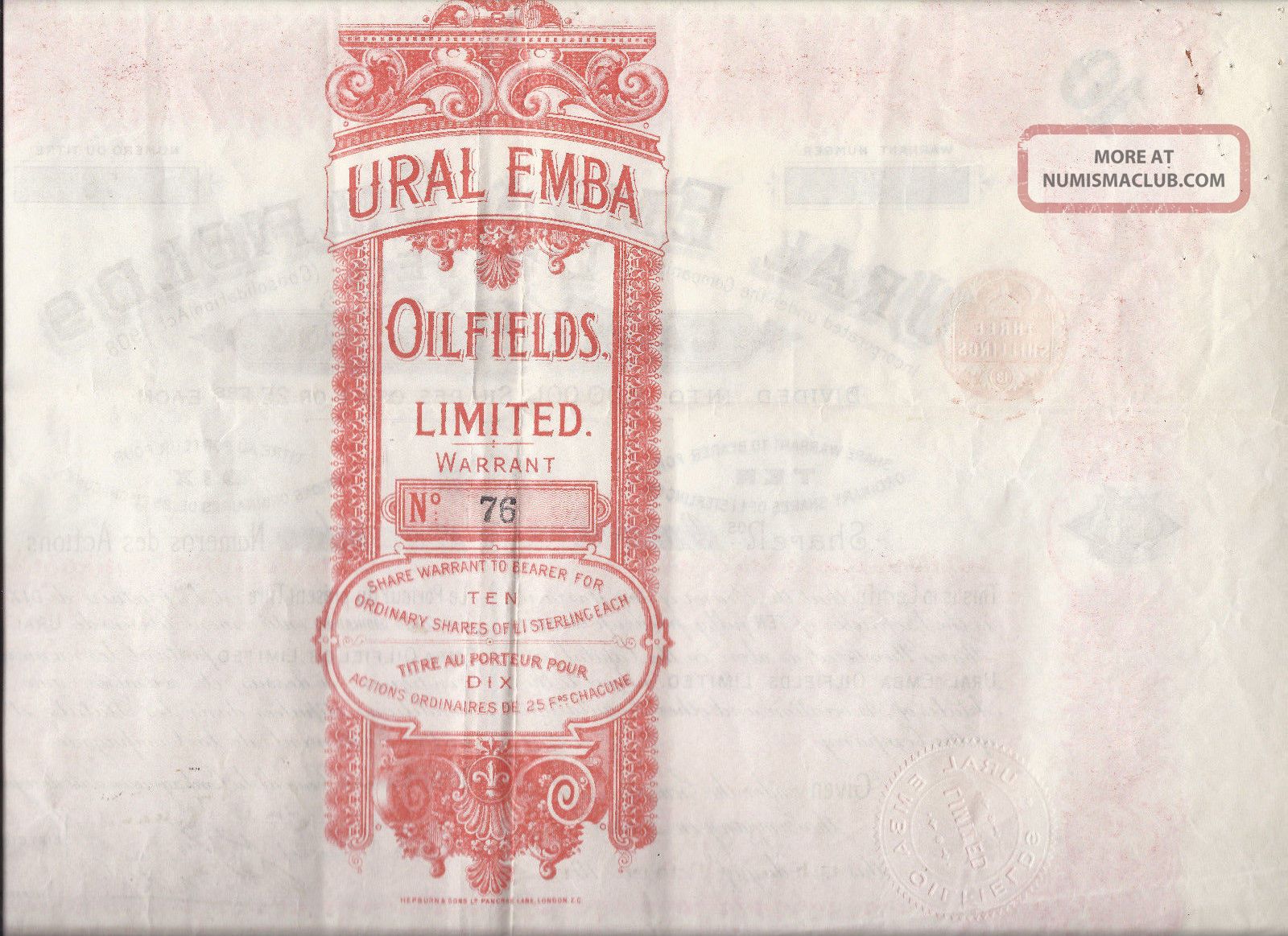 Russia Kazakhstan Ural Emba Oil Fields Stock Certificate - October 13, 1913