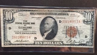 1929 Federal Reserve Note $10 National Currency Cleveland,  Ohio photo