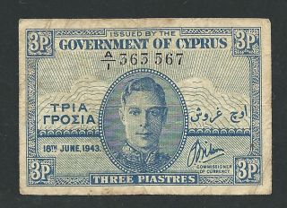 Government Of Cyprus 1943 Kgvi 3 Piastres 3567 photo