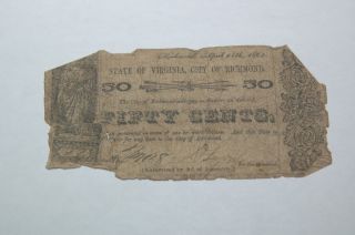 1862 State Of Virginia,  City Of Richmond 50c Cent Note,  Worn photo