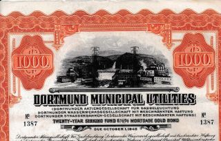 Dortmund Muncipal Utilities Gold Bond 1928,  Coupons Germany Not Hole Punched Y photo