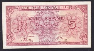 Belgium 5 Francs 1943 Vf P.  121,  Banknote,  Circulated photo