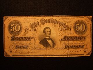 $50 Dollars 1864 Confederate Currency Richmond Va T - 66 Csa Davis Bill Note photo