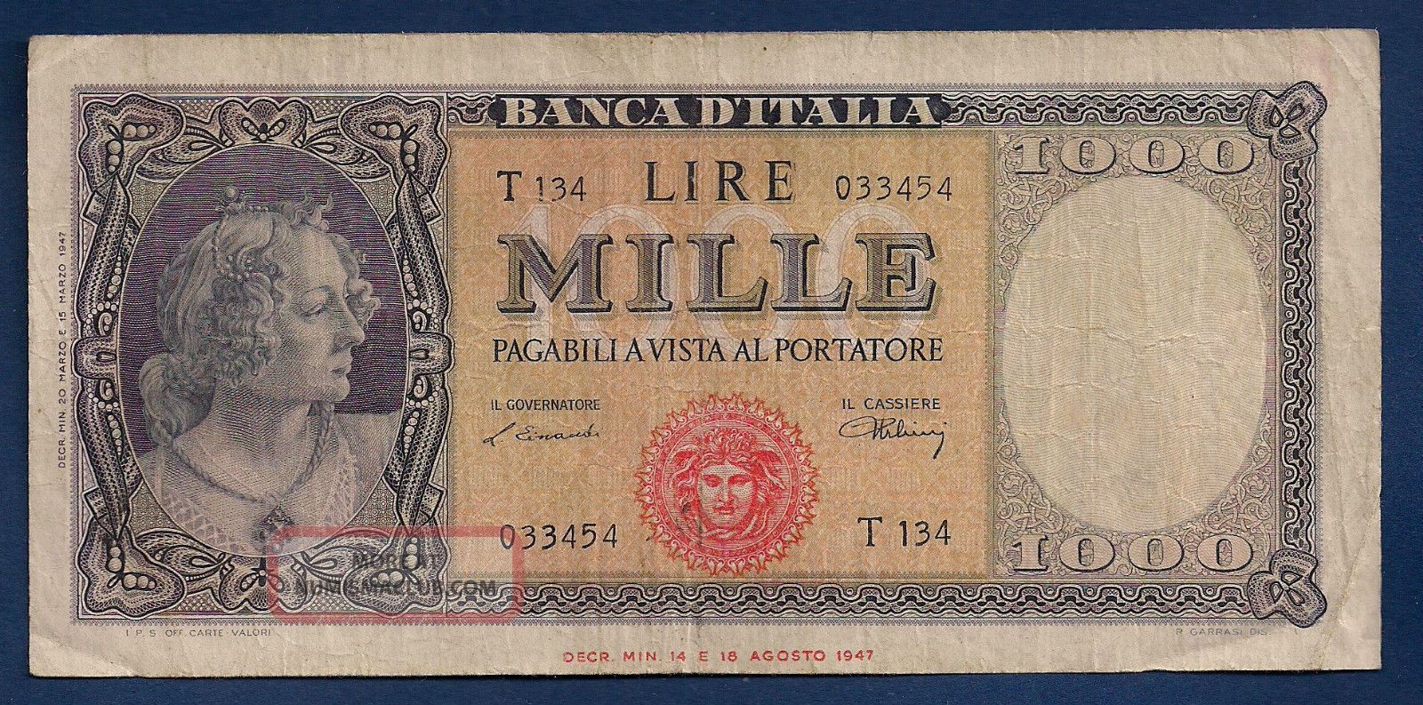Italy 1, 000 (1000) Lire 1947 P - 83 Medusa Seal Post Ww2 Italian Note