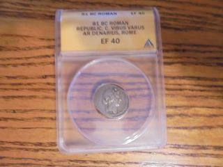 Ancient Roman Republican Silver Denarius Coin Of Caius Vibius Varus - 42 Bc photo