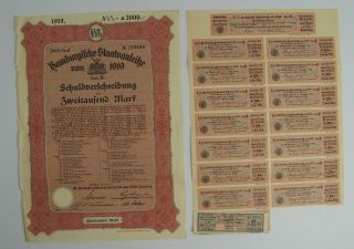 Antique 1919 German Bond W/ Uncancelled Coupons 2000 Zweitausend Mark Hamburg photo