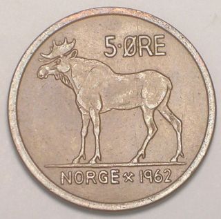 1962 Norway Norwegian 5 Ore Moose Coin Vf, photo