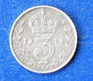 . 925 Silver 1919 Great Britain 3 Pence George V Toned Circ Rb 47 photo