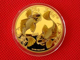 Double Koi,  Colored,  Gold Plated Commemorative Coin,  Token photo