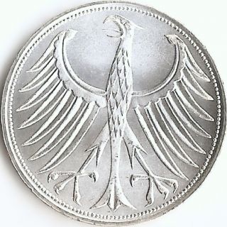 Germany 1970 G 5 Mark Silver Coin,  Gem Bu Frosty White Cartwheel Luster Km 112.  1 photo