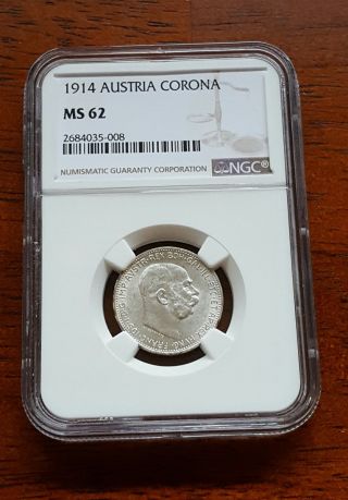 1914 Austria Corona Silver Ngc Ms62 Brilliant Uncirculated Km 2820 Y - 37 photo