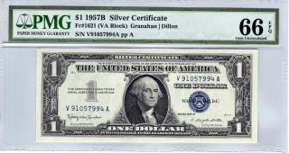 Fr.  1621 $1 1957 B (v - A) Silver Certificate Pmg Gem Uncirculated 66 Epq 1 Of 2 photo