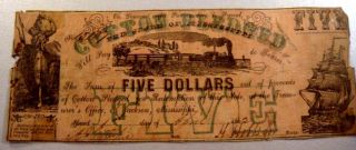 1862 $5 Cottonpledged Jackson Mississipi Bank Note Printed On Mississipi Bond photo