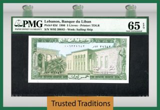Tt Pk 62d 1986 Lebanon Banque Du Liban 5 Livres Pmg 65 Epq Gem Uncirculated photo