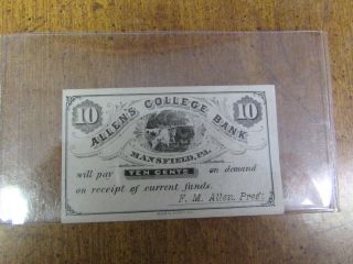 10 Cent Allen ' S College Bank Mansfield Pa Paper Money photo