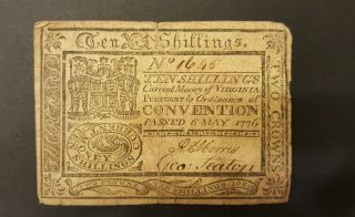 Extremely Rare 10 Shilling Virginia Colonial Note 6 May 1776 photo