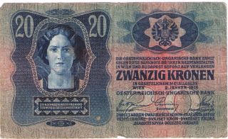 Banknote Vf Paper Money 20 Zwanzig Kronen Austria Hungary1913 photo