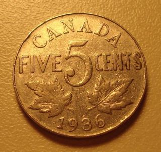 1936 Canada Five Cent Coin - Average Circulated - Our 1936 - 5 photo